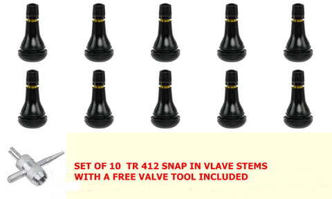 TR412 Snap In Tubeless Tire Valve Stems Short  Stubby .88 " length  for ATV, Lawn Mower (LOT OF 10) & HANDY VALVE TOOL