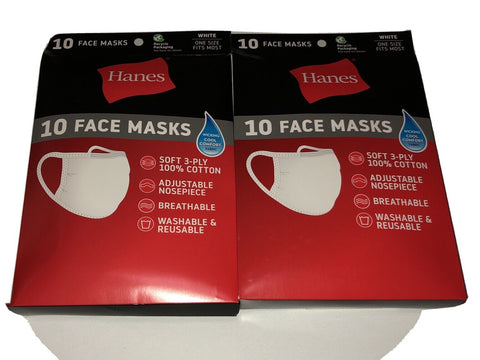 (2) 10 PACKS (20 Masks) Hanes White 100% Cotton Face Mask Washable Reusable